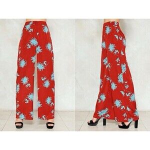 Nasty Gal Wide Leg Pants Womens 8 Red Floral Print Boho Beachy Comfy Trouser
